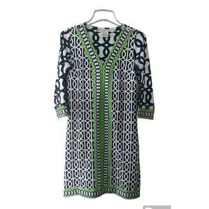 Gretchen Scott Blue White & Green‎ V-Neck Shift Dress Size XS Poly Spandex Cute!